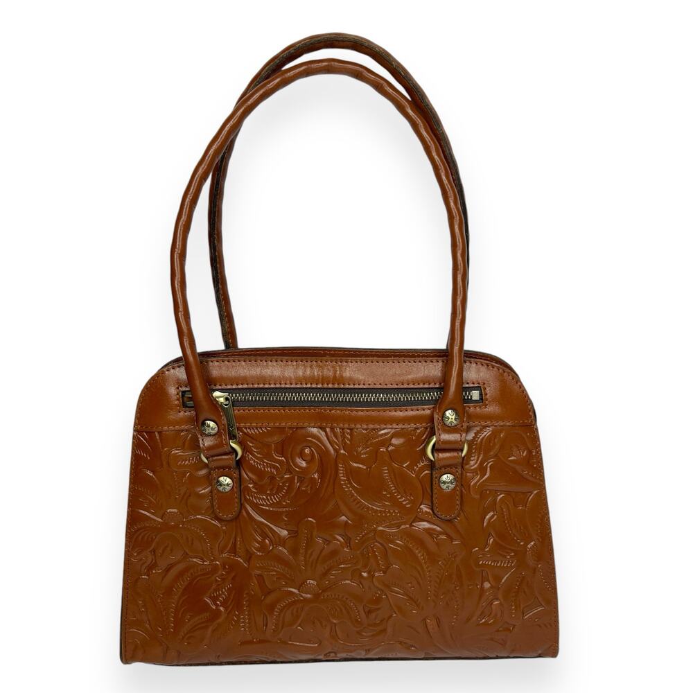 Patricia Nash Embossed Floral Leather Satchel in Cognac Brown